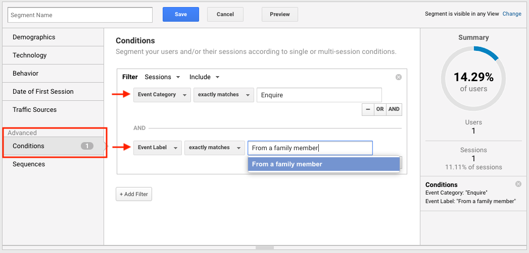 Google Analytics segment create condition