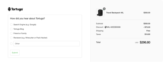 A screenshot of Tortuga's favorite question dsiaplyed on their order confirmation page