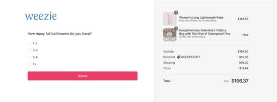 A screenshot of Weezie's favorite question dsiaplyed on their order confirmation page